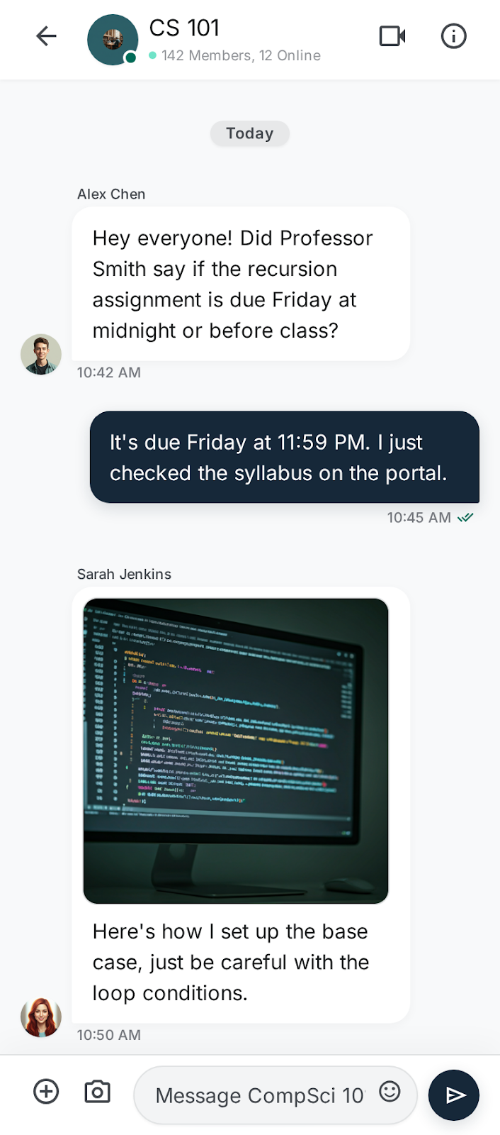 CampusMate — Academic Marketplace — Class-anchored chat — questions, snippets, and reference threads in one place.