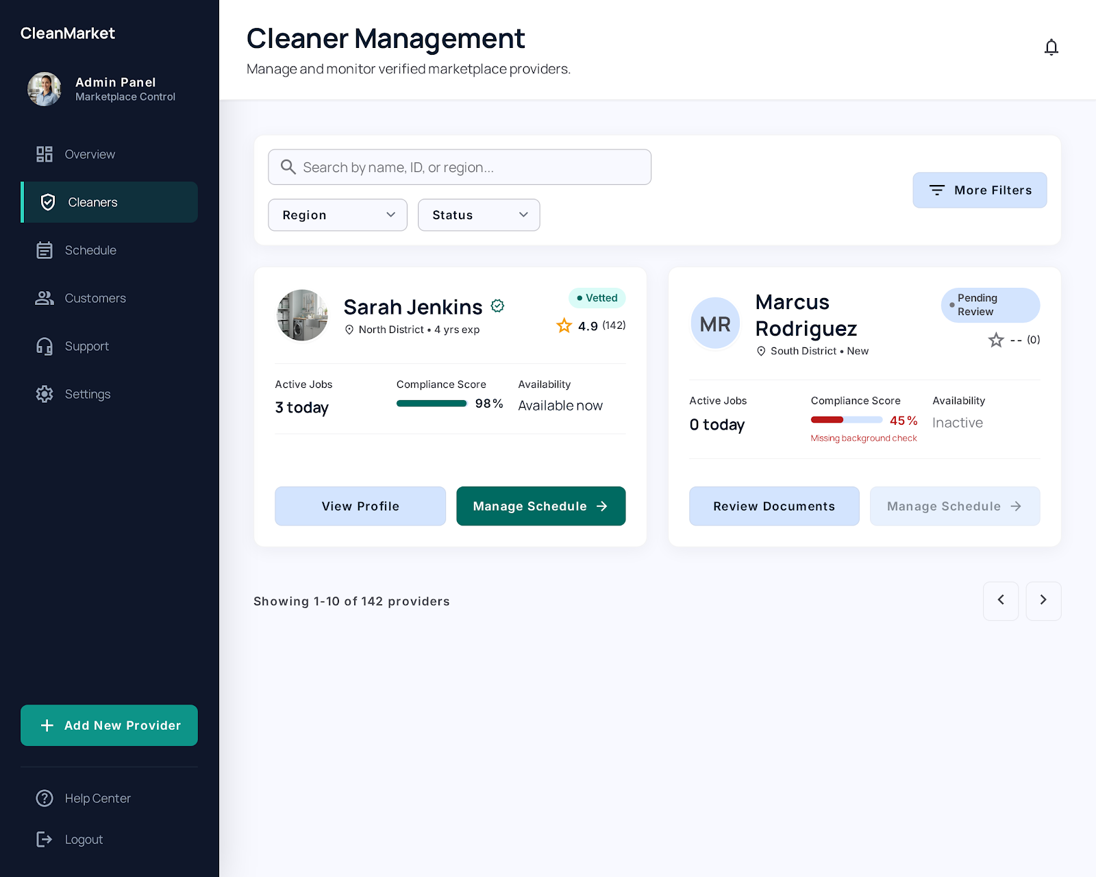 Nationwide Cleaning Marketplace — Operations dashboard — coverage map and dispute queue.